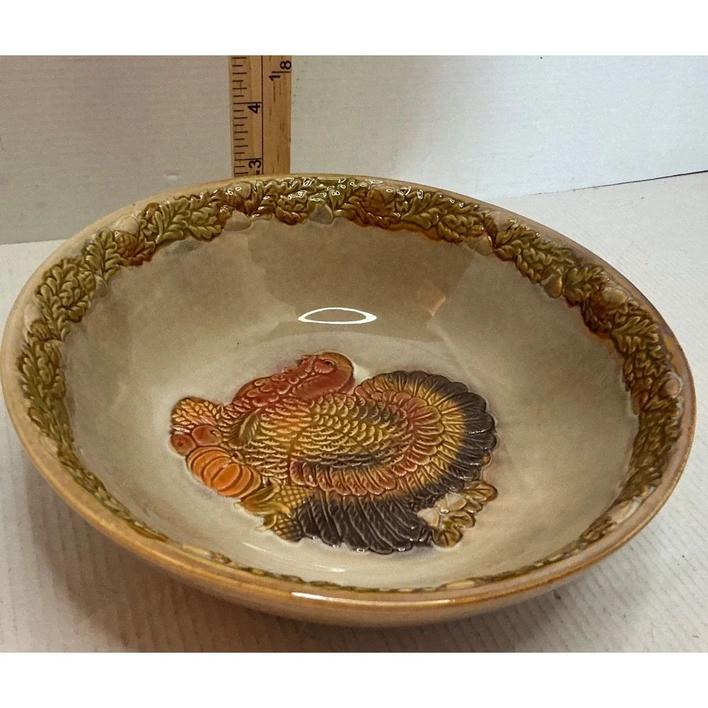 Ceramic Thanksgiving Turkey Serving Bowl Embossed Harvest Leaf Border Tan Brown